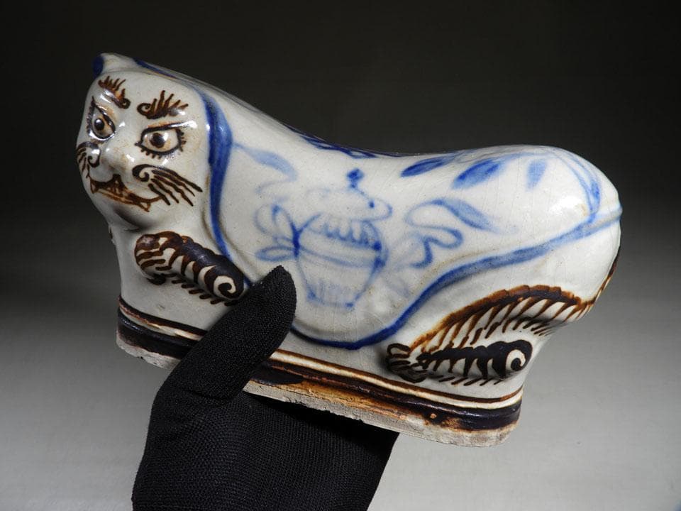 ●時代物 猫枕 猫陶枕 陶器製 陶枕 陶磁器 磁州窯 魔除け 中国古玩 猫雑貨