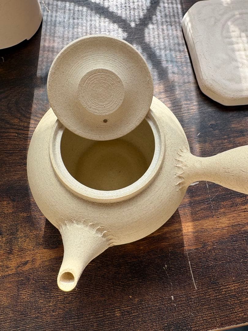 【名工】煎茶道具 白泥 涼炉・茶銚・涼炉台 3点セット 銘「春峰」京焼 骨董