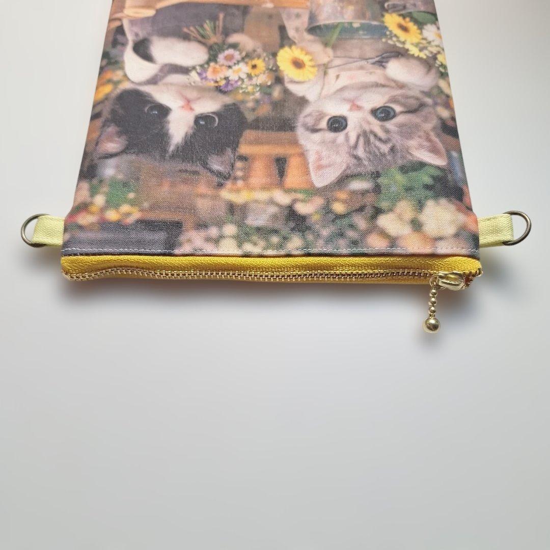 激レアねこパネル生地　ハンドメイド　フラットポーチ