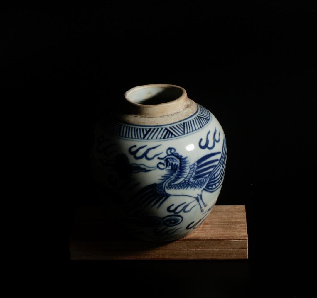 中古 青花 双鳳文 小壺 双鳳図 中国美術 染付 陶磁器 古玩飾り C1A128