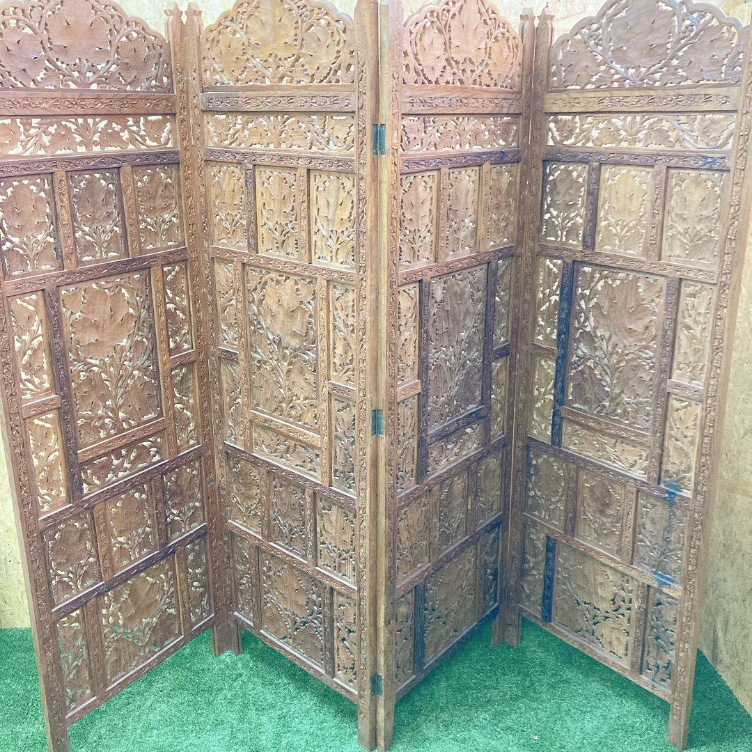 木製　透かし彫り　4連　パーテーション　アジアン家具　ビンテージ