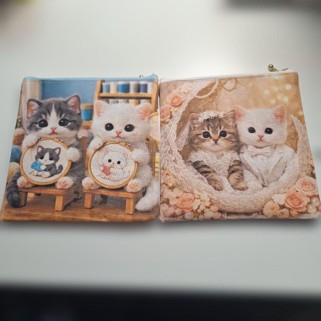 激レアねこパネル生地　ハンドメイド　フラットポーチ