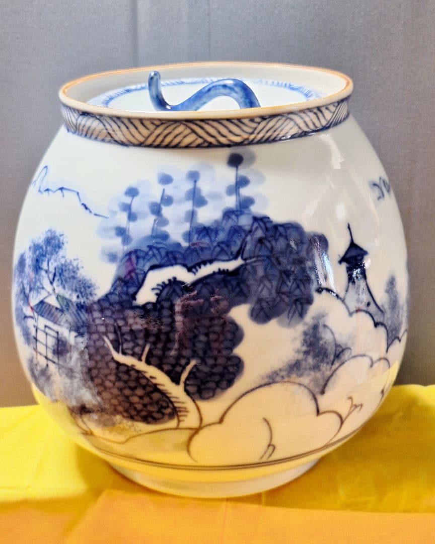 未使用！茶道具【水指】古染付芋頭　山水図　京焼平安【桃山窯手塚大示造】共箱