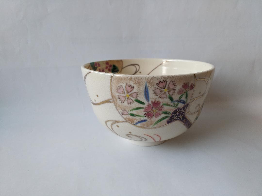 京焼 小手鞠窯 並川如耕 作 仁清 団扇 茶碗 共箱 栞 茶道具 抹茶碗 新品