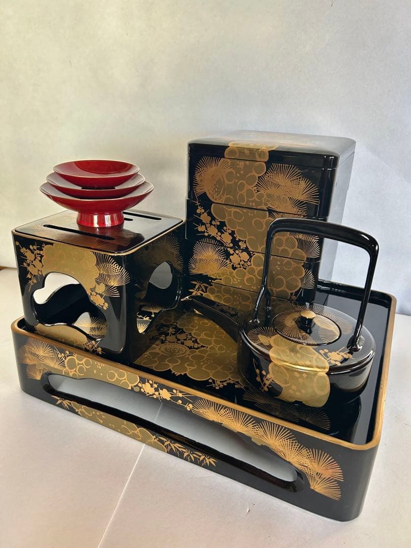会津塗 屠蘇器 六つ揃 本松クリ足 金泥 金蒔絵 お正月 重箱 骨董 箱入 美品