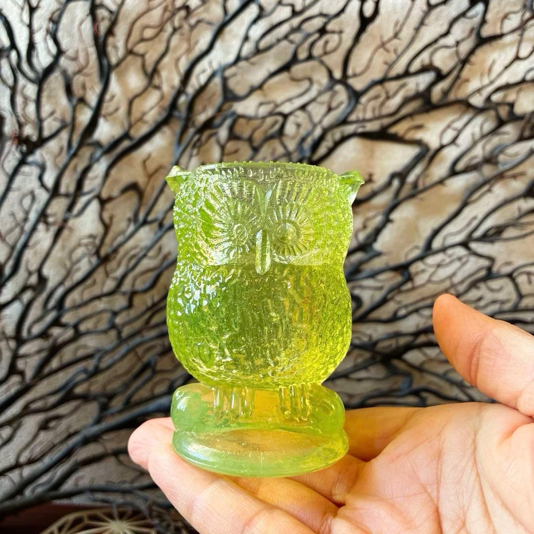 骨董　時代ガラス　クリア　プレスガラス　梟　フィギュリン　ピック入れ　花器