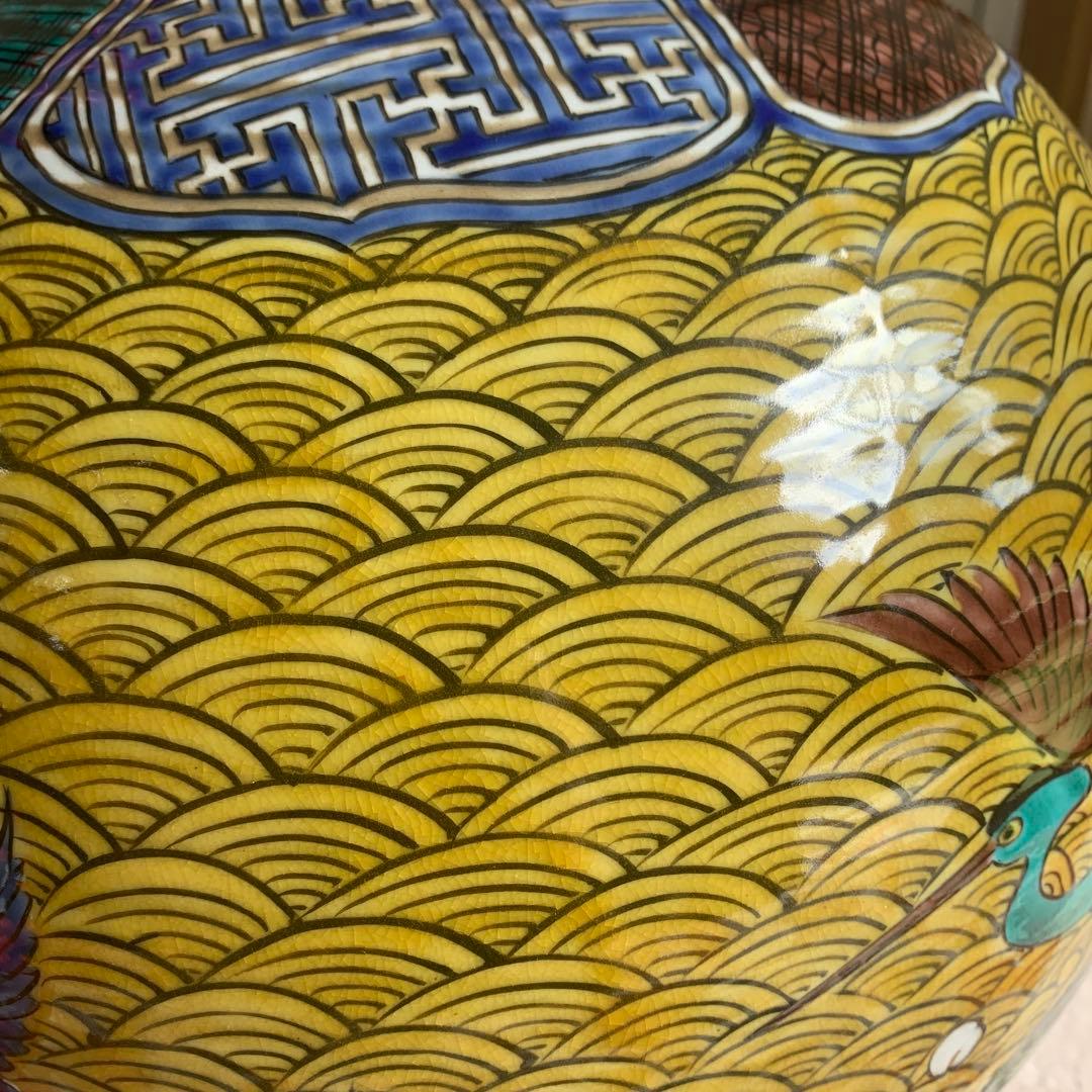 大きな九谷焼花瓶　壺　花器　手描き　花道　骨董　美術品