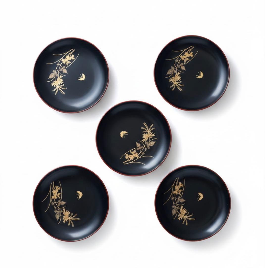 【最高級】本場輪島塗 銘々皿 5客セット 金彩蒔絵 菊に蝶 漆器 未使用品