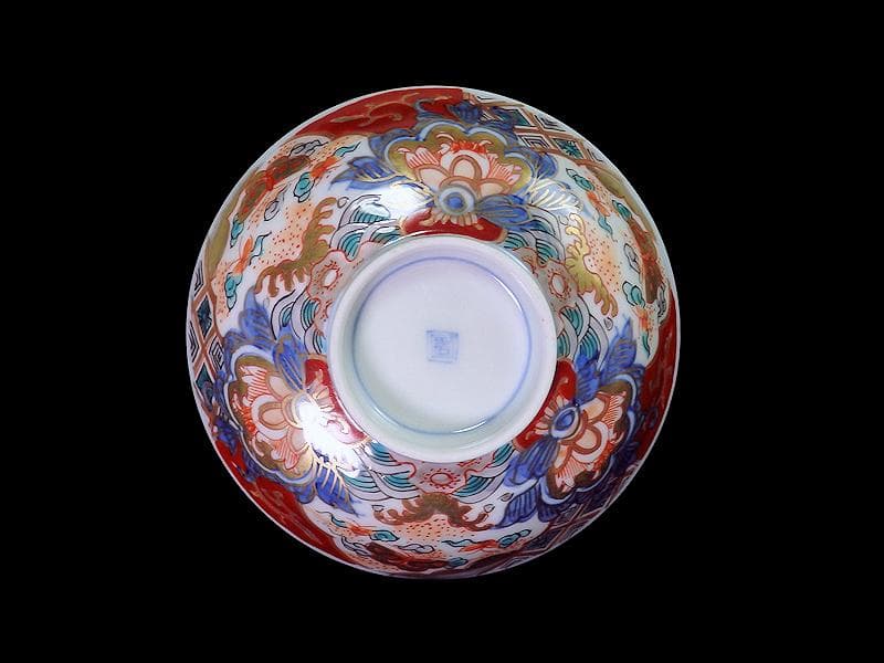 古伊万里　金襴手　菊花四方襷紋　蝶に花の図　蓋茶碗　N1922AS-DCt