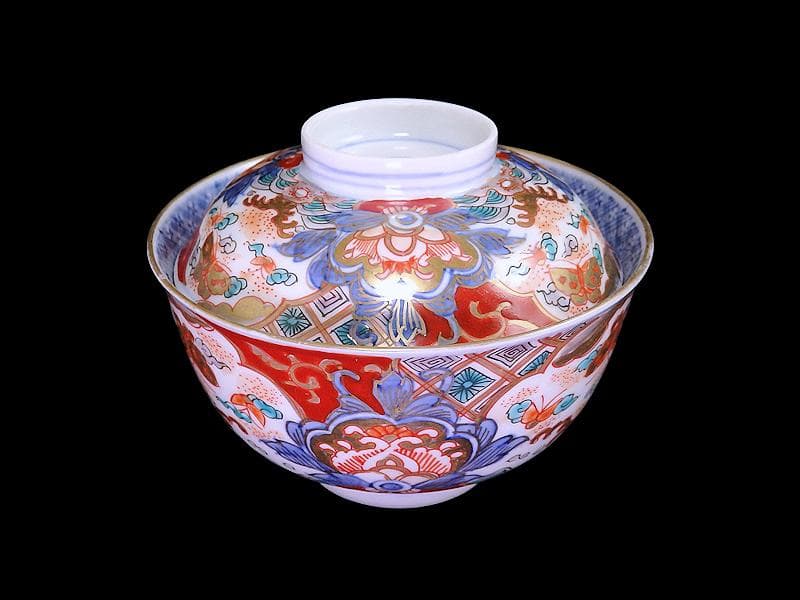 古伊万里　金襴手　菊花四方襷紋　蝶に花の図　蓋茶碗　N1922AS-DCt