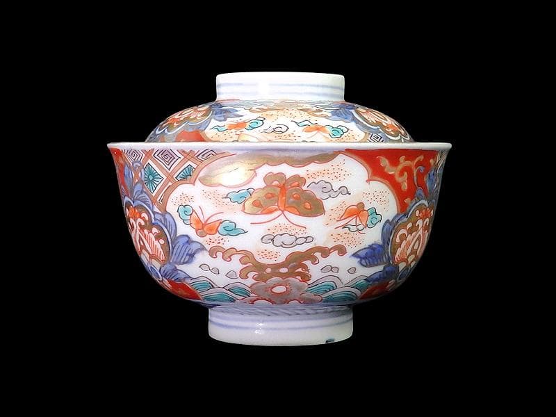 古伊万里　金襴手　菊花四方襷紋　蝶に花の図　蓋茶碗　N1922AS-DCt