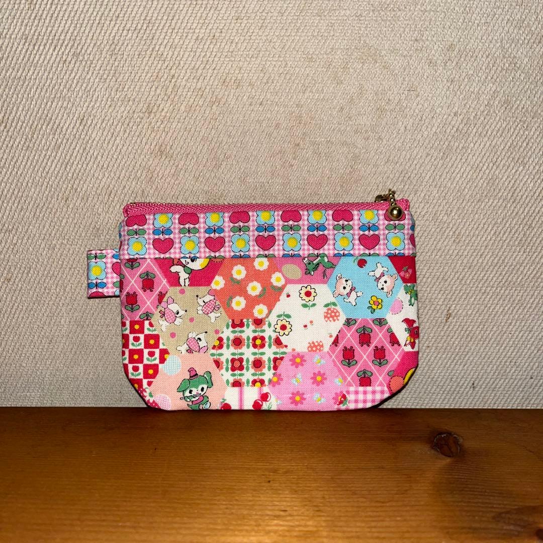 ★422★プチハニー＊ヘキサゴン柄〈ピンク〉12㌢フラットポーチ＊ハンドメイド