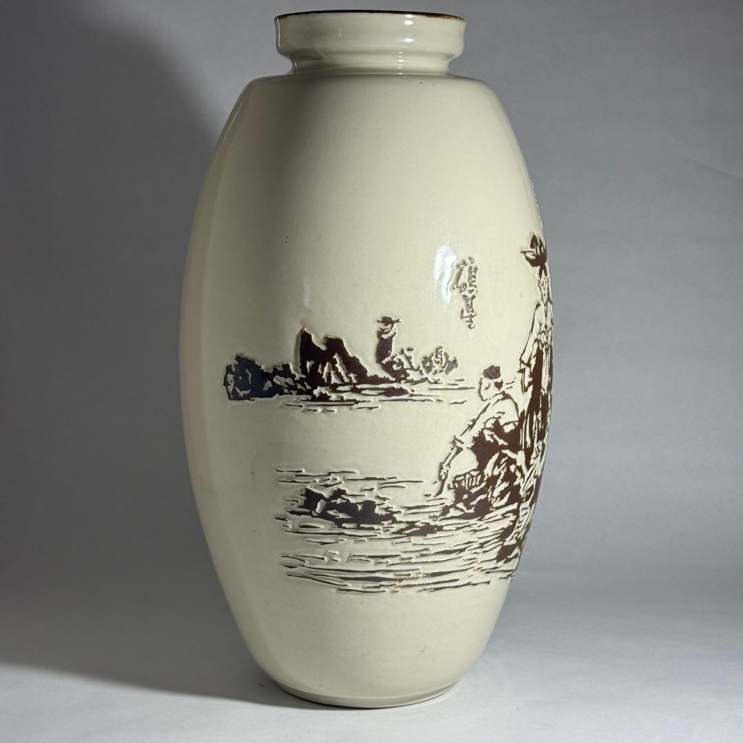 ◆韓国無形文化財【曹基正】作 白磁浮彫人物図大花瓶 45.3cm 無等窯 共箱◆