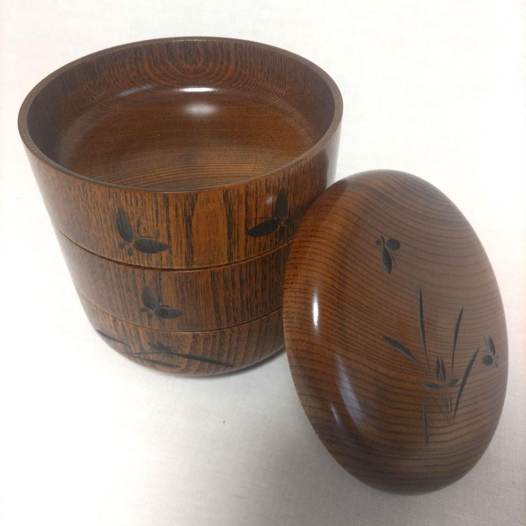 丸形 三段重 重箱 天然木製 菓子器 蝶彫 木製重箱 菓子鉢