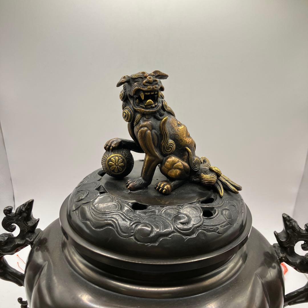 能作吉秀　吉秀作　香炉　共箱　獅子　狛犬　高岡銅器　香道具　山水