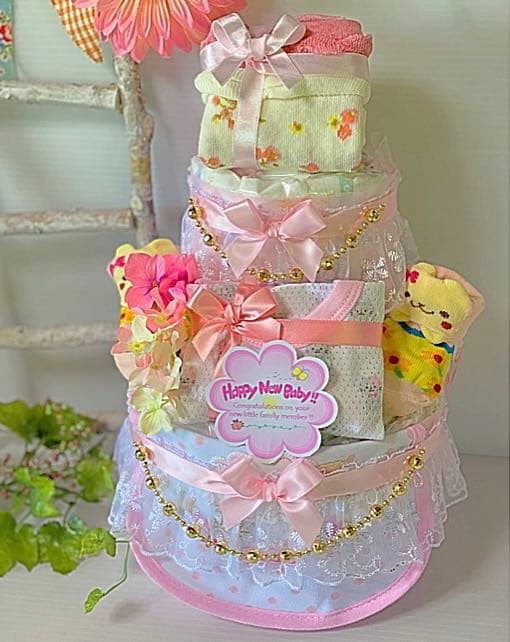 おむつケーキ・2段（大）女の子・黄色ピンク