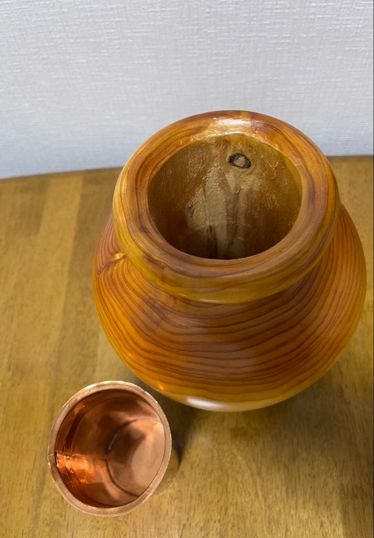 【新品未使用品】桧木目木製壺 銅内装
