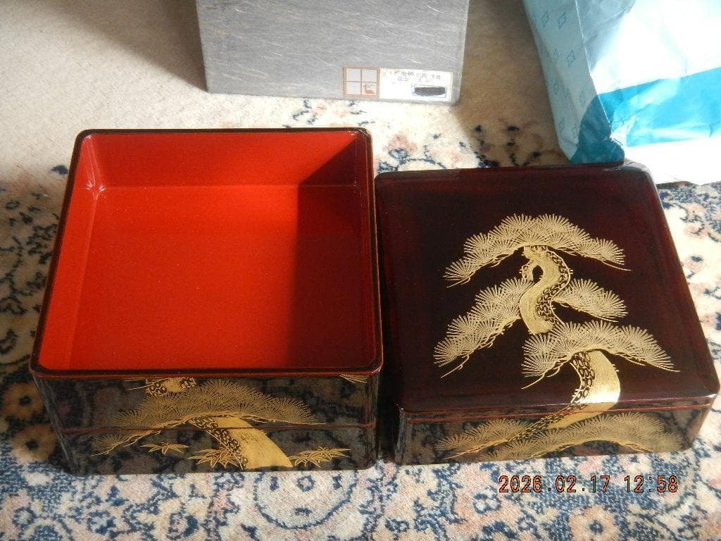 漆器 重箱 三段 老松 木製溜 沈金 木重 昭和50年購入 ゆうパック元払い限定