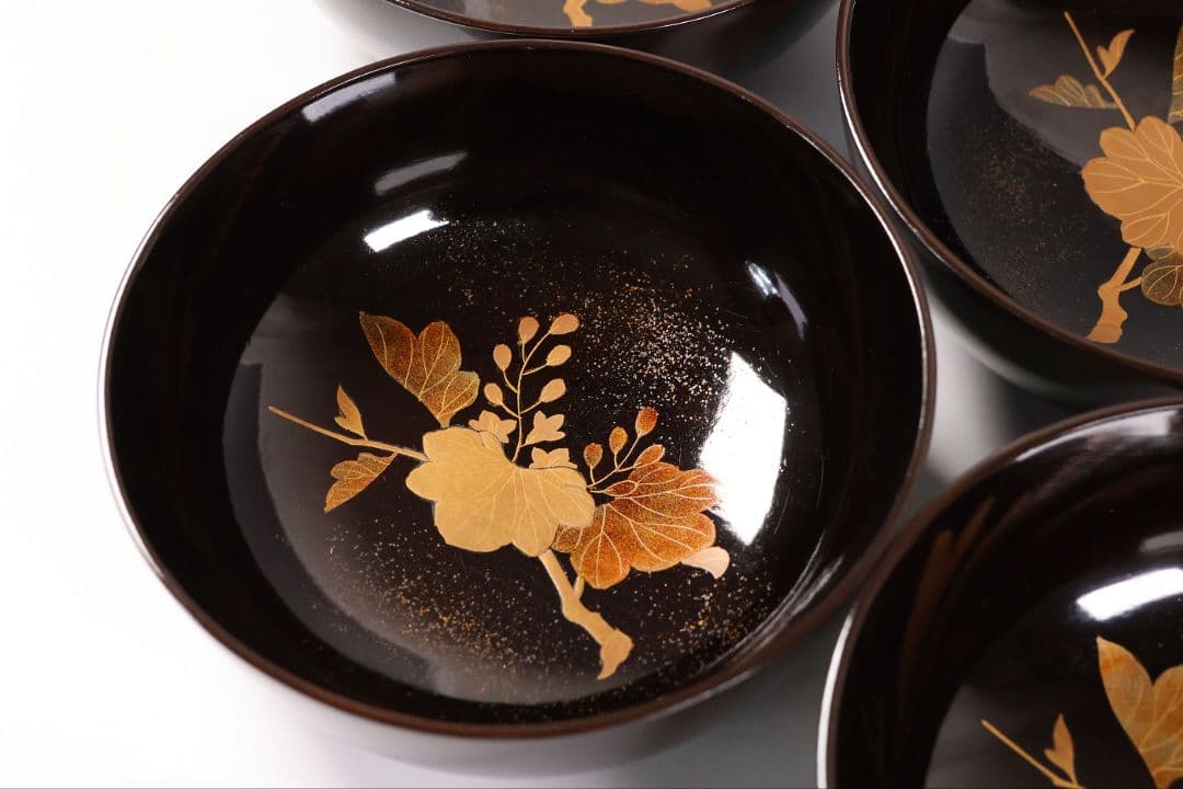 【CM452】輪島塗 天然木漆塗 桐鳳凰金蒔絵 黒塗椀 五客 昭和 漆芸 漆器