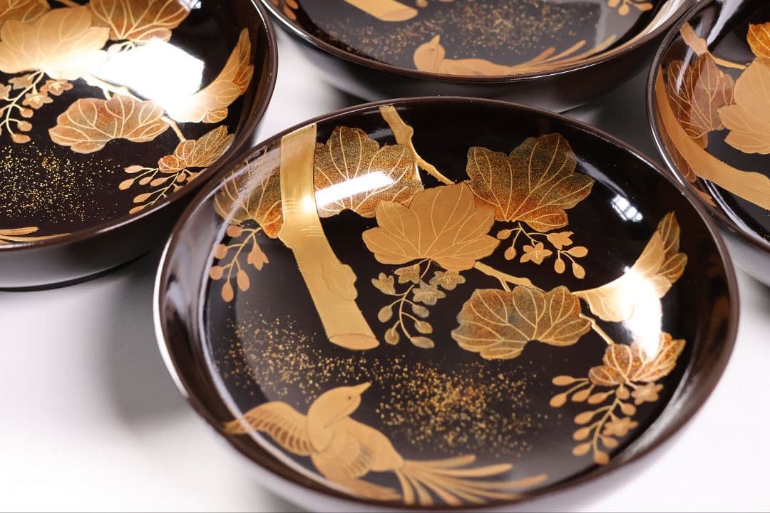 【CM452】輪島塗 天然木漆塗 桐鳳凰金蒔絵 黒塗椀 五客 昭和 漆芸 漆器