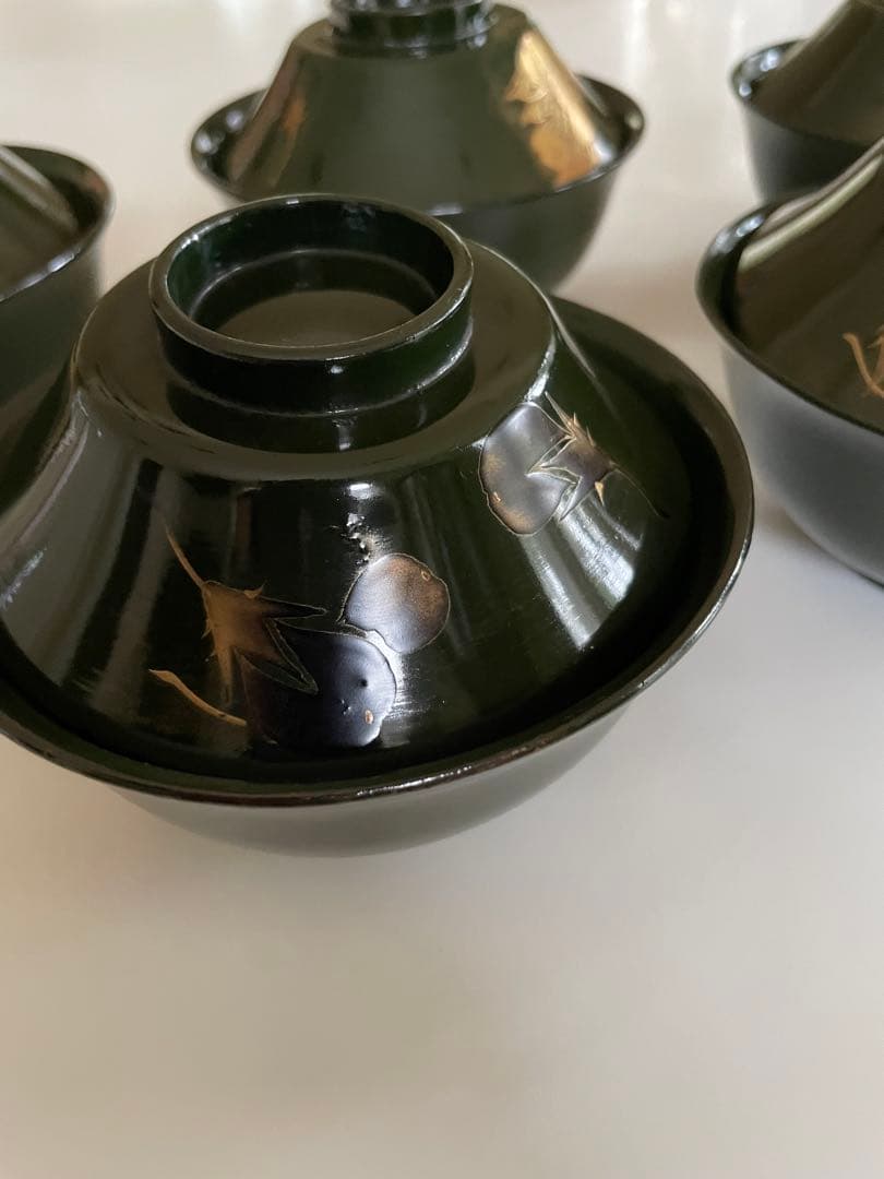 漆器 蓋付き吸い物椀　鷹に茄子　5客揃い