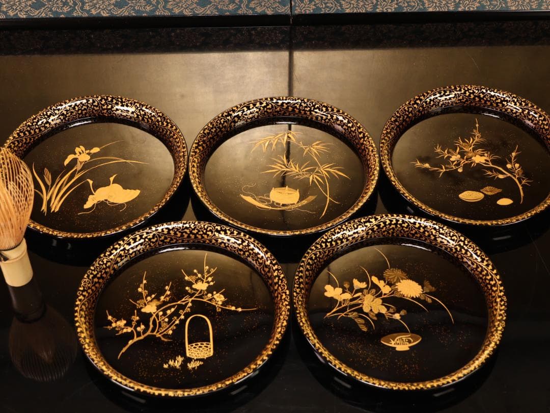 BK534　時代輪島塗　節句金蒔絵　絵違　銘々盆　五種二拾客　共箱　茶席 菓子