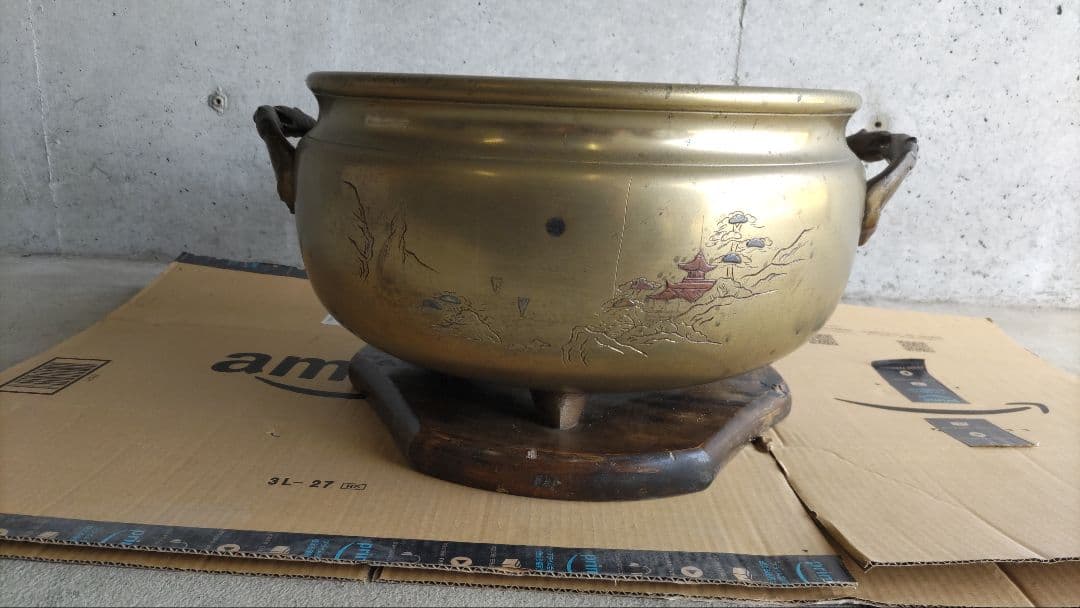 火鉢　昭和　木製台座　灰付き