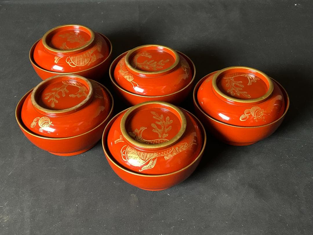 輪島塗 沈金蒔絵 宝珠文 朱塗 金縁 菓子椀 5客 茶懐石道具 102