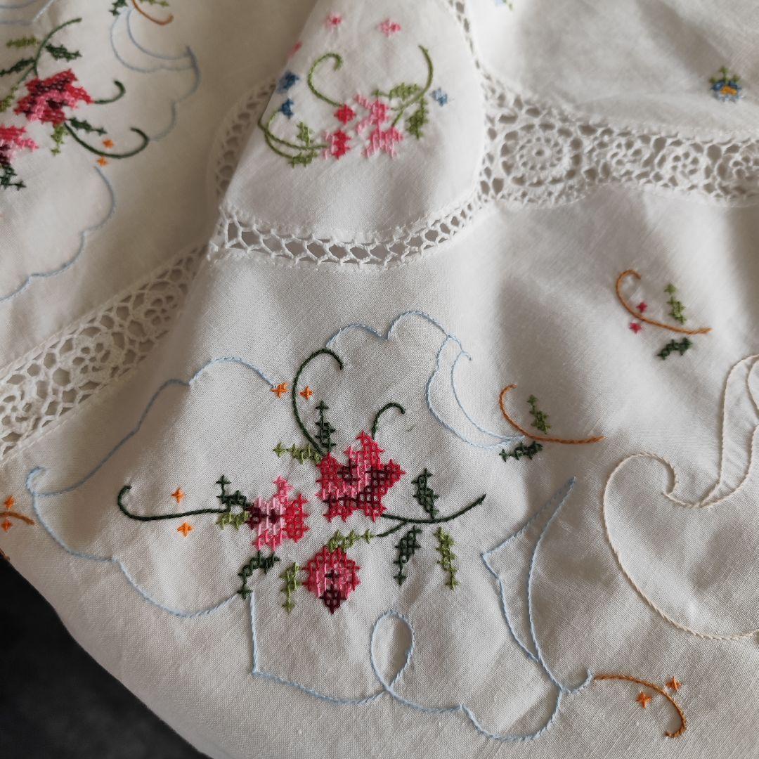 イギリスヴィンテージ　色糸手刺繍　編みレース繋ぎ　円形クロス