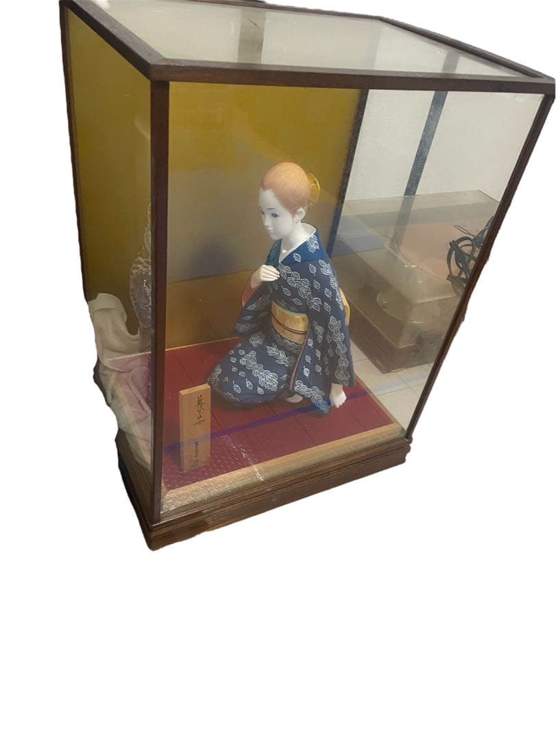 【2000円↓】博多人形 西邑作「藍染の女」ガラスケース・木札付き伝統工芸品