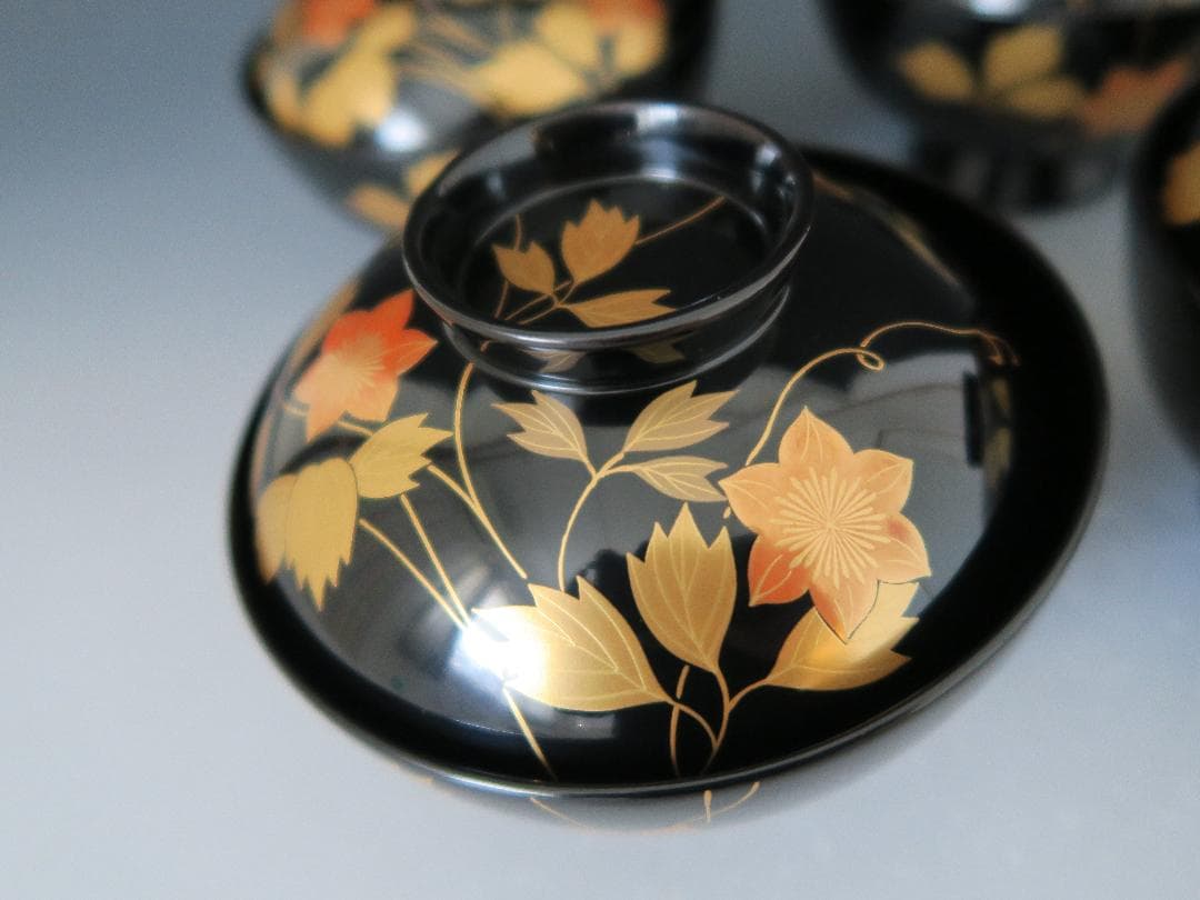 【輪島塗】吸物椀 稲忠漆芸堂謹製 鉄仙蒔絵 布着本堅地 黒塗 五客揃 天然木共箱