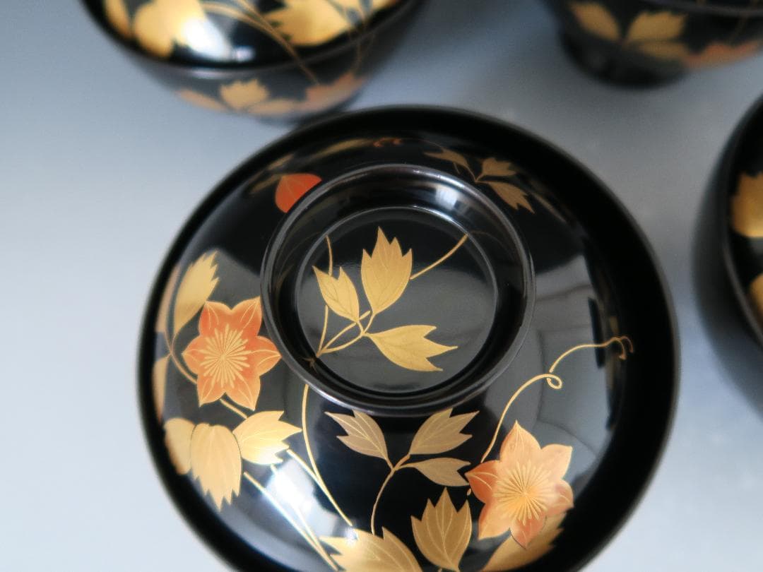 【輪島塗】吸物椀 稲忠漆芸堂謹製 鉄仙蒔絵 布着本堅地 黒塗 五客揃 天然木共箱