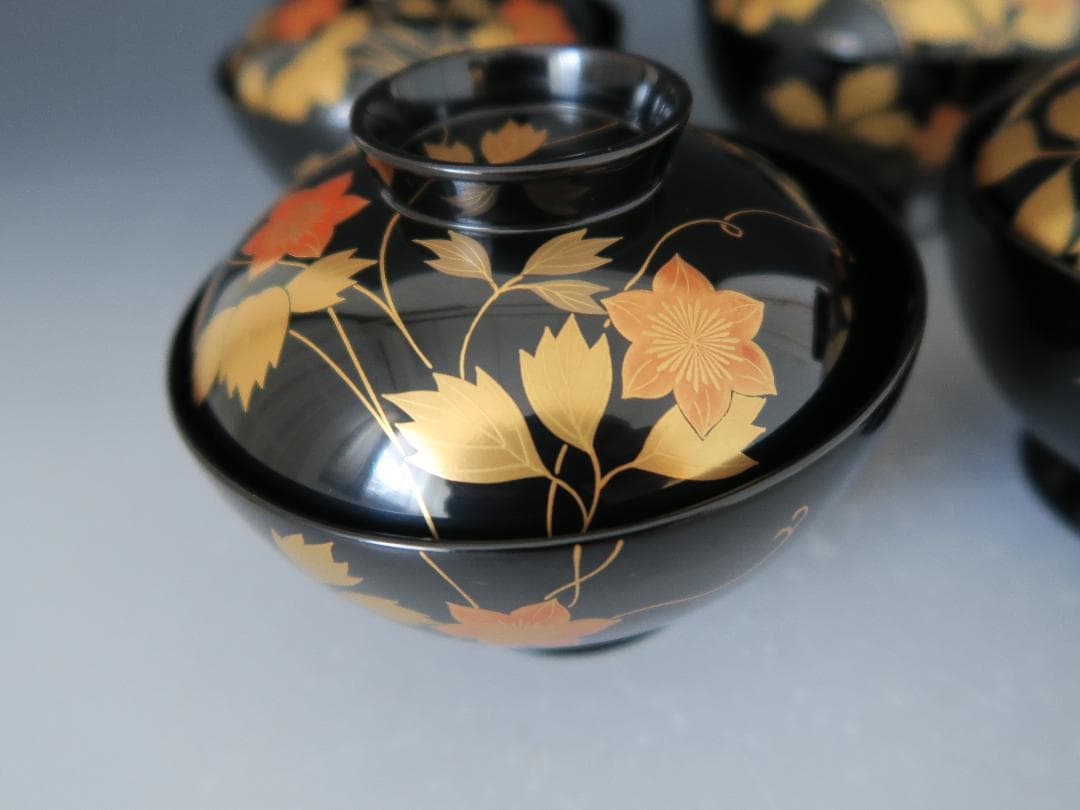 【輪島塗】吸物椀 稲忠漆芸堂謹製 鉄仙蒔絵 布着本堅地 黒塗 五客揃 天然木共箱