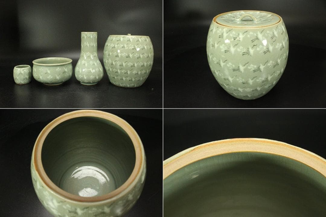 茶道具 東国窯 高麗青磁 雲鶴紋 皆具 揃 未使用 共箱(ZE868)