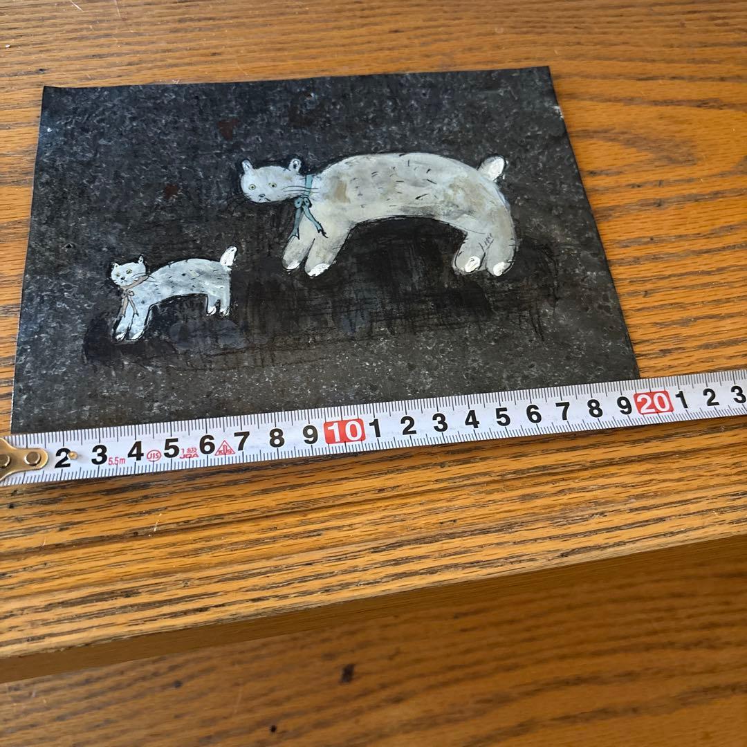 浅野 玲 アンティークブリキ アクリル画 「猫の親子」