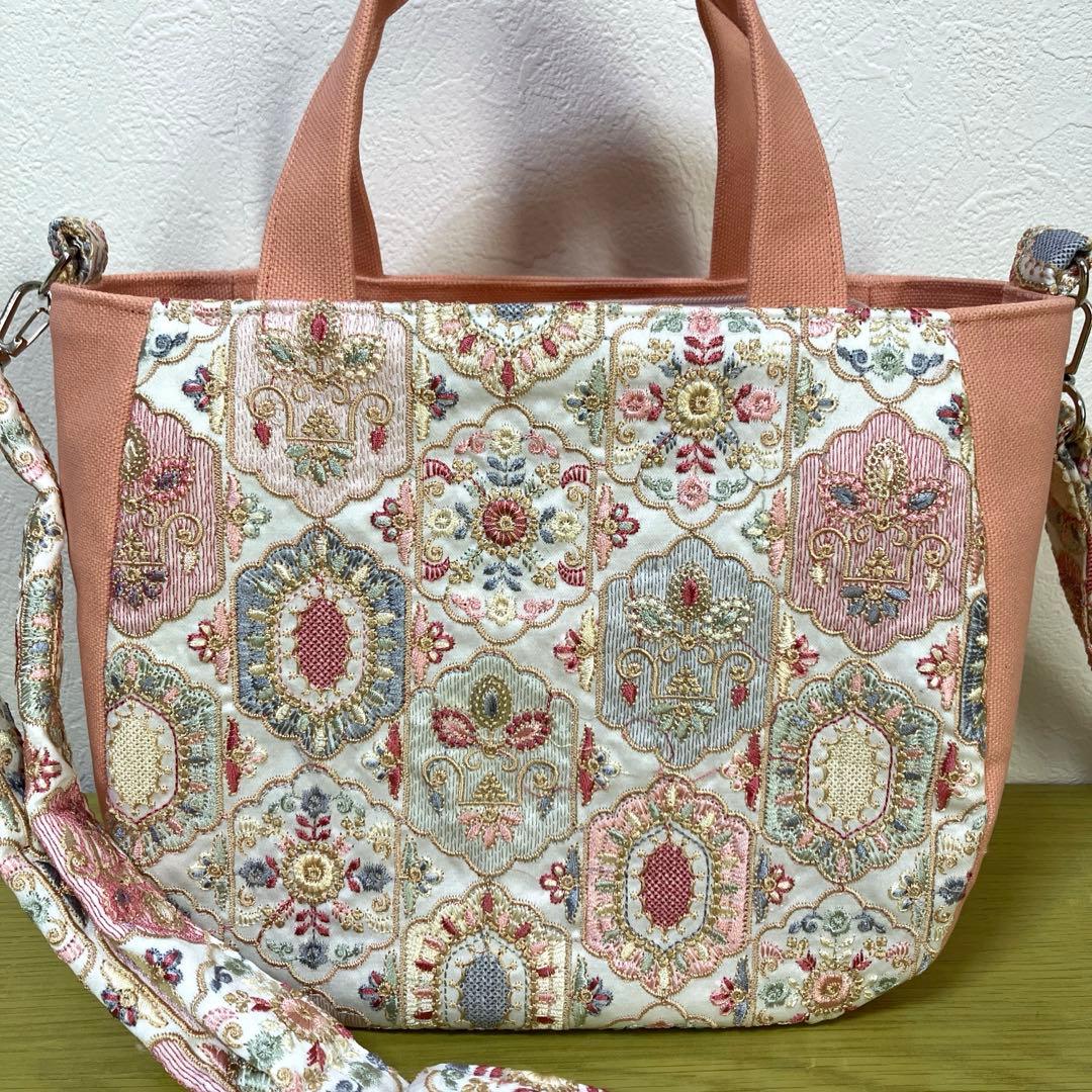 インド刺繍生地　帆布　トート　ショルダーバック　横マチ込34×縦20×マチ13㎝