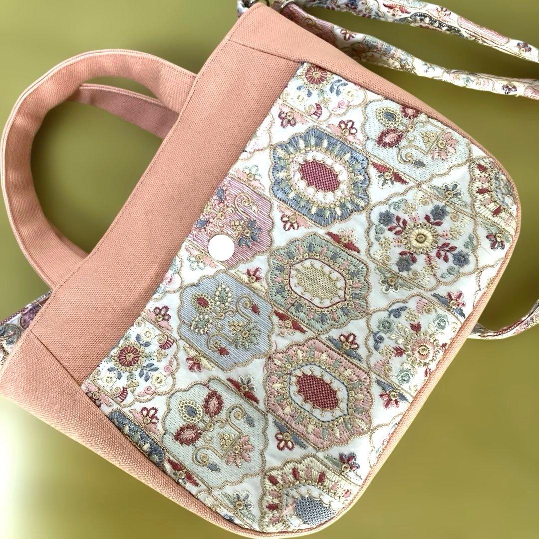 インド刺繍生地　帆布　トート　ショルダーバック　横マチ込34×縦20×マチ13㎝