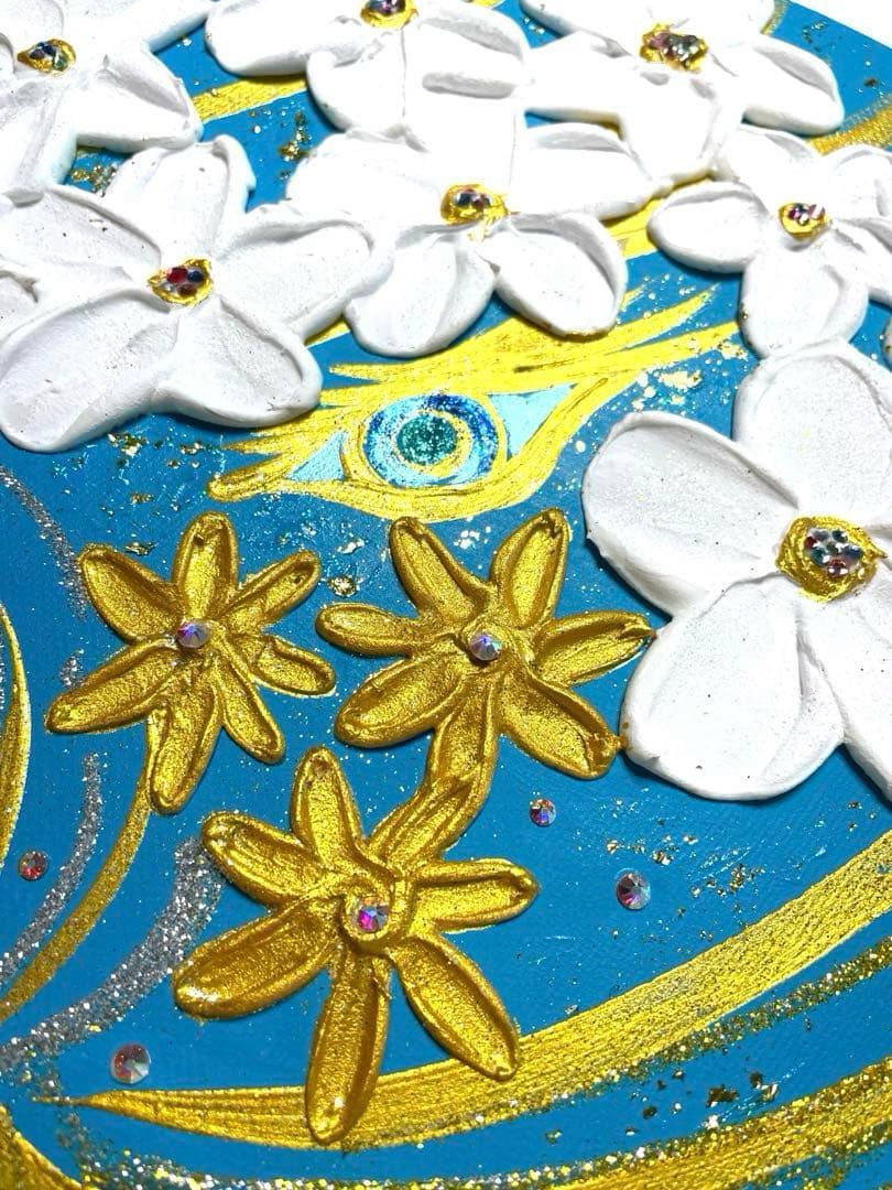 開運絵画　龍神様の眼　拡大のエネルギー　ターコイズブルー　花と龍神様　金箔