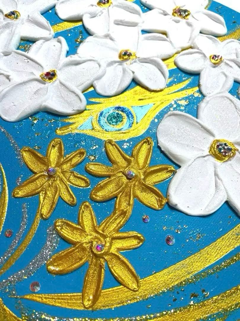開運絵画　龍神様の眼　拡大のエネルギー　ターコイズブルー　花と龍神様　金箔