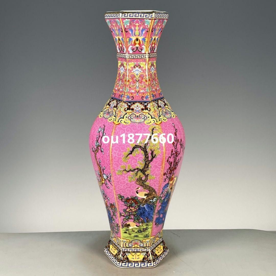 琺瑯粉釉六面開窓帯帯花鳥賞瓶 景徳鎮 陶磁器 装飾品 現代工芸品 美術品 置物