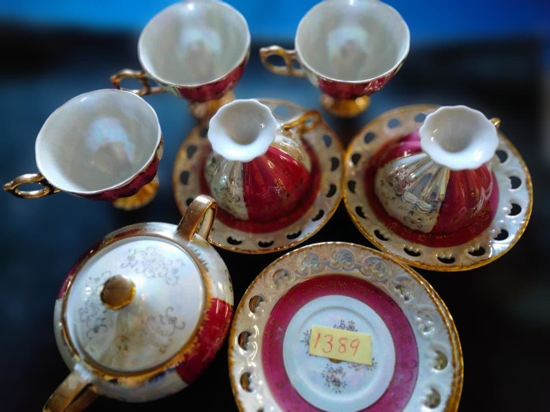 茶道具セット 金色装飾 ピンク縁取り