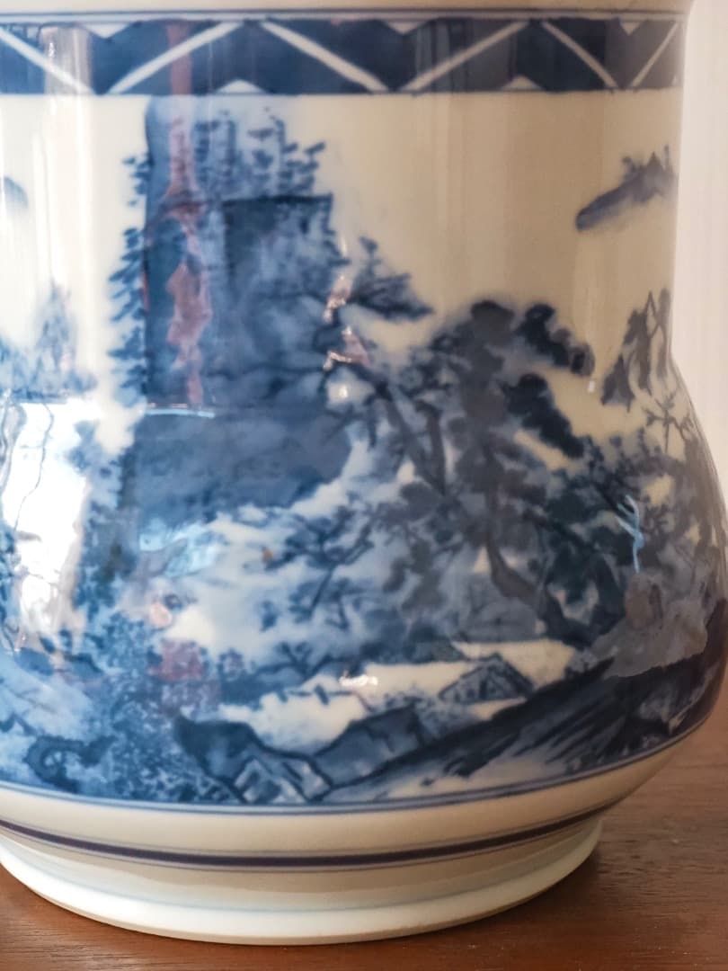玉堂窯　染付山水　水指　京焼　細密手描　茶道具　箱付　Q2461