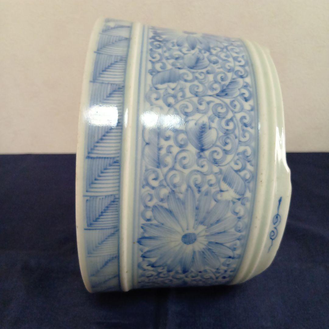 古伊万里 染付 深鉢 桶型 花唐草文様 宝文様 時代物 骨董