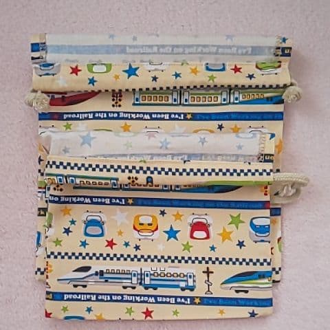 小、中サイズ 巾着 コップ入れ 給食袋 乗り物 新幹線 柄 男の子 ハンドメイド