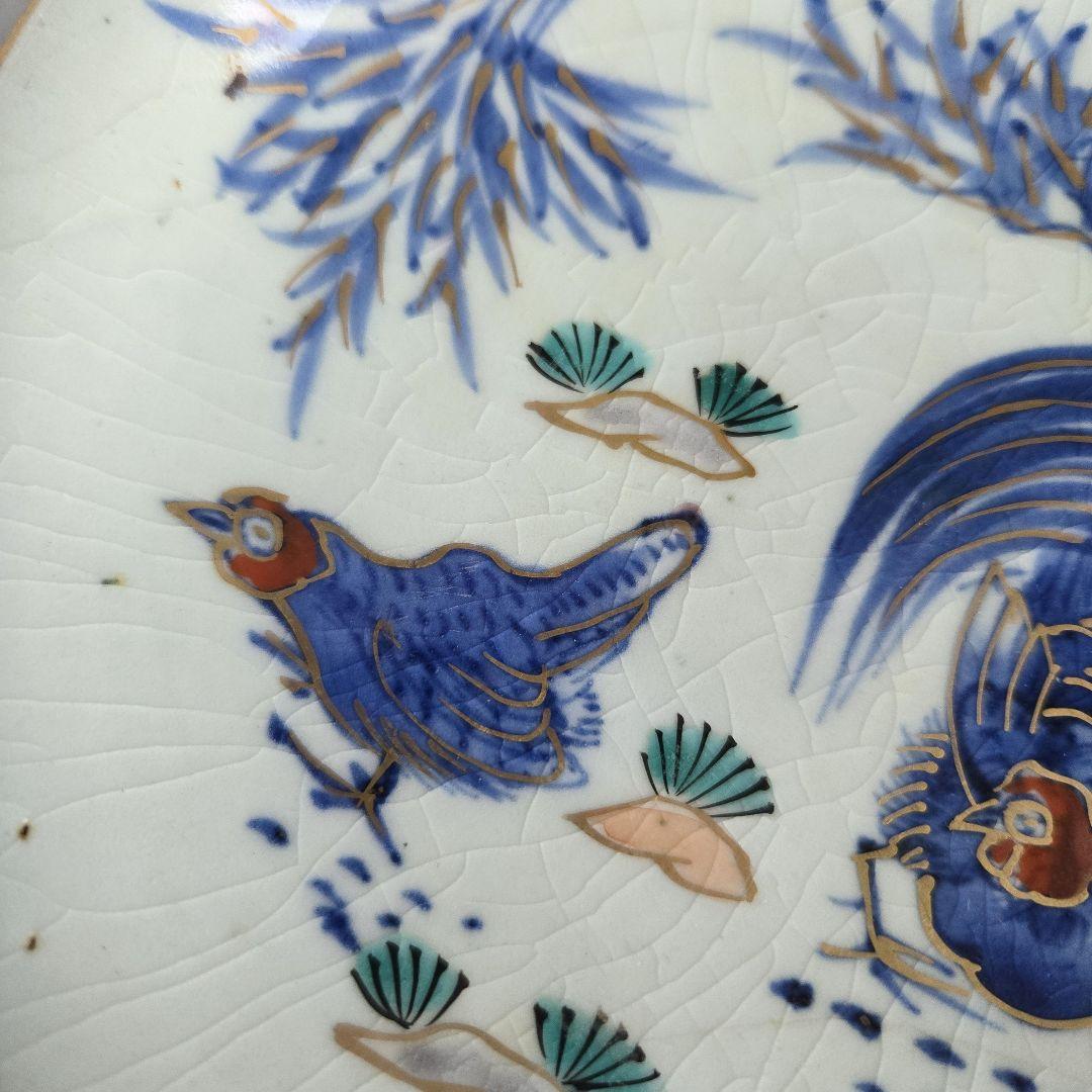 古伊万里 金彩 色絵 染付 鶏 六寸皿 江戸時代 骨董 アンティーク 金継ぎ
