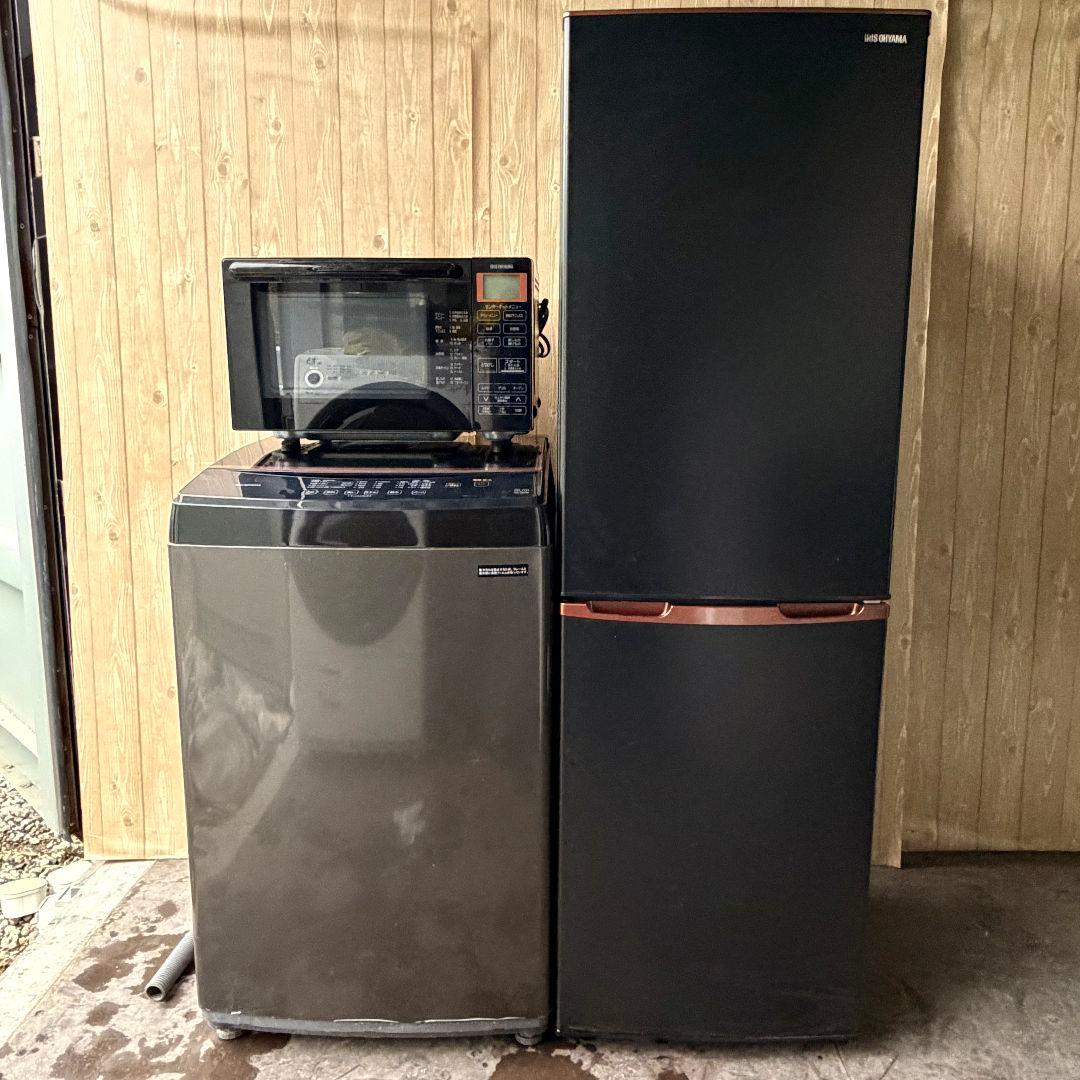配送設置無料！ブラック純正IRIS冷蔵庫・洗濯機＋オーブンレンジ3点セット！美品