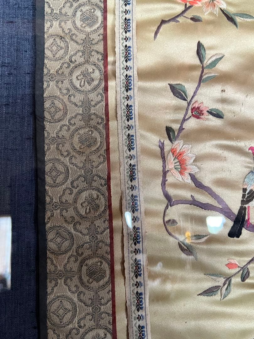 中国刺繍　五彩籽繍　中国時代物　古刺繍　古布額　骨董