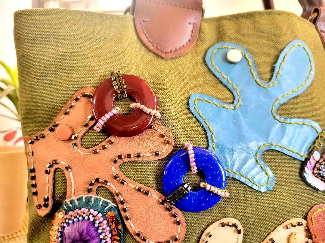 オリーブグリーン☆ハンドメイド★ビーズトートバッグ