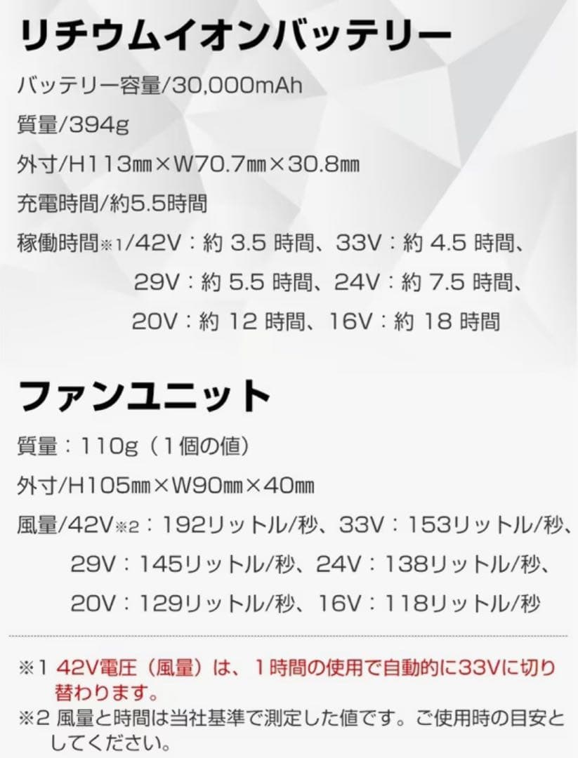 最安値！！42V超高出力 ファンバッテリーセットAFXBOOTS 空調服
