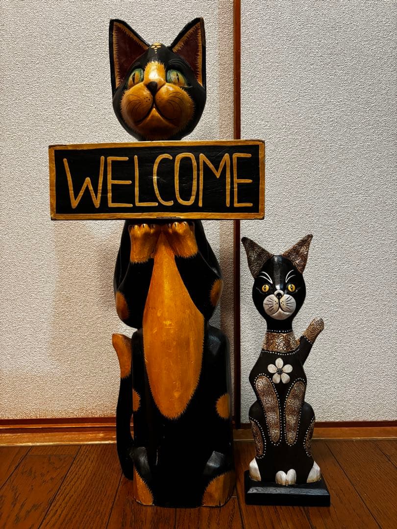 ヴィンテージ 木彫り猫 2体セット WELCOME看板 バリ猫 オブジェ
